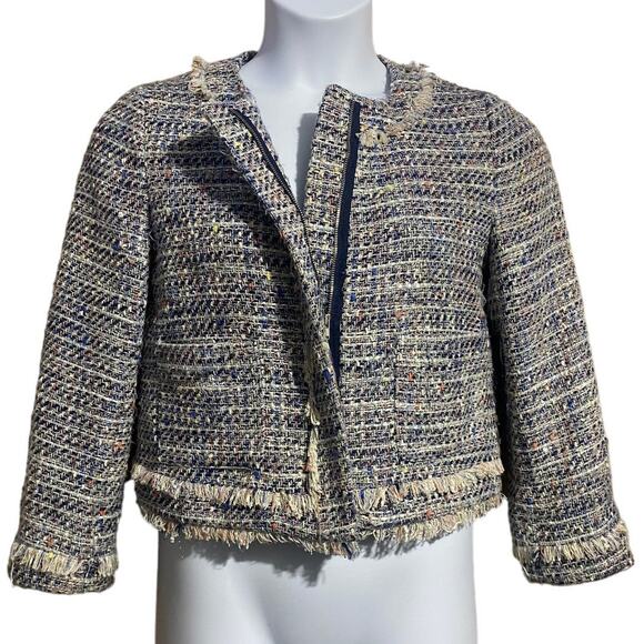 J.Crew multicolored zip front tinsel tweed cropped blazer with fringe - size 6 - Picture 4 of 9